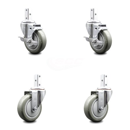 Service Caster 4 Inch Gray Polyurethane Wheel Swivel 3/4 Inch Square Stem Caster Brakes, 2PK SCC-SQ20S414-PPUB-GRY-TLB-34-2-S-2
